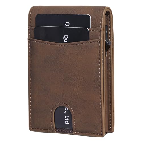 RFID Slim Wallet for Men - Pop Up Card Case with Quick Eject Button, Versatile Mens Wallet with ID window 12 Card Slots Cash Compartment, Brown Front Pocket Wallet (Gift Boxed)