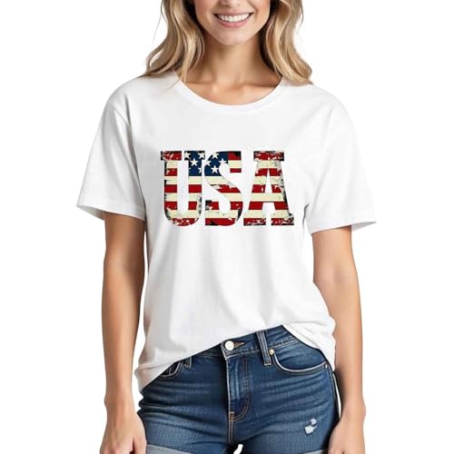 USA Shirts for Women 4th of July Outfits USA Flag Patriotic Tshirt Casual Short Sleeve Tops Red White Blue Graphic Tee A01 White Medium
