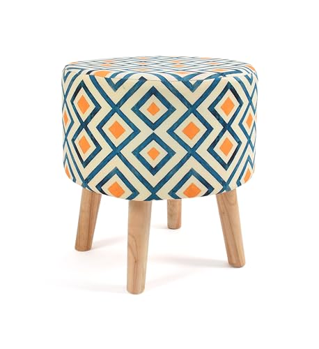 Image of NACIA Printed Ottoman Stool Set of 2 | Soft Cushioned Velvet Pouf Footrest with Wooden Legs | Decorative Seating Stool for Bedroom Living Room Home & Office (16x16x17 Inch, Yellow Box)
