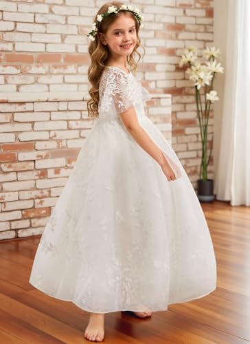 Lace First Communion Dress Ruffle Sleeves Flower Girl Dresses for Wedding Girls Pageant Ball Gown3