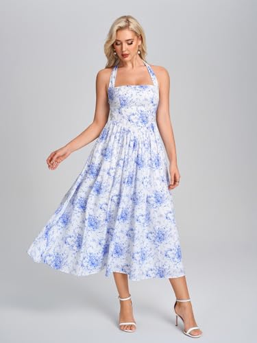 Image of Parthea Women's Floral Halter Corset Midi Dress 2026 Elegant Smocked Flowy Wedding Guest Dresses with Pockets