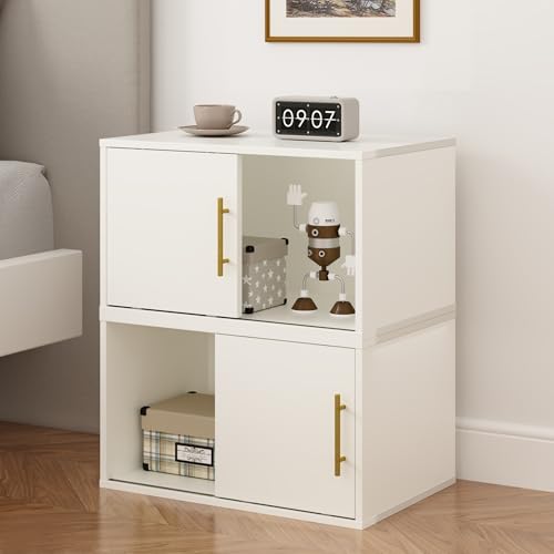 May in Color White Nightstand with Sliding Door, 2 Pcs...