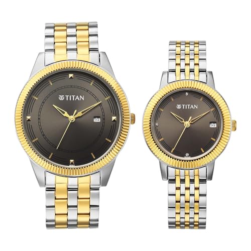Image of Titan Bandhan Eternal Pair Analog with Date and Gun Dial Dual Tone Stainless Steel Strap Watch for Couples - 19682968BM01