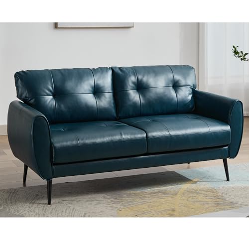 TYBOATLE Sofa Couch 61' Small Loveseat Couches for Living Room Blue Leather Couch Mid Century Modern Tufted Mini Sofa Comfy Office 2 Seat Settee Love Seat for Small Spaces Bedroom