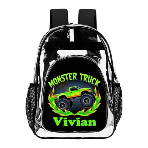 Custom Name Clear Backpack See Through Schoolbag Personalized Monster Truck Black Clear Bookbag PVC Waterproof Transparent Backpack for Kids Back to School Gifts