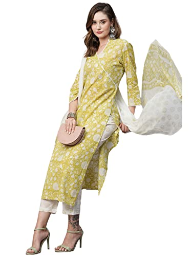 Image of GoSriKi Women's Cotton Blend Straight Printed Kurta with Pant & Dupatta (Avni Green-GS)