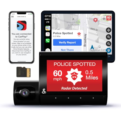 Cobra Smart Dual View Front and Cabin Dash Cam (SC 220C) - QHD 1440P Resolution 360 Alerts Parking Live View Incident Reports Emergency MayDay 16 GB SD Card Included CarPlay & Android Auto