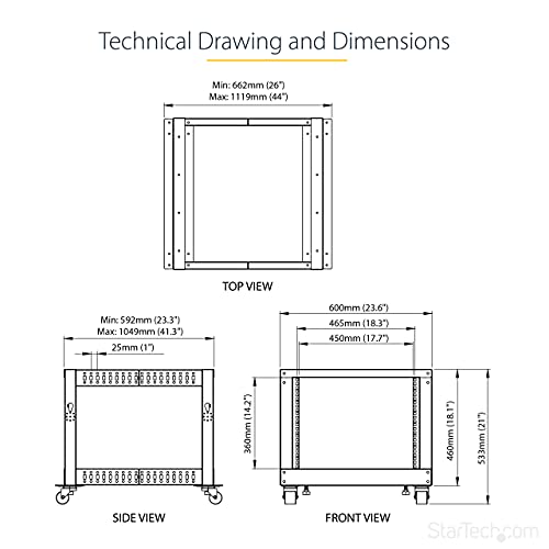Image of StarTech 8U 4-Post Server Rack, 19in Open Frame Rack with 40in (101cm) Mounting Depth and 1200lb (544kg) Weight Capacity, Mobile or Floor Mount IT Rack