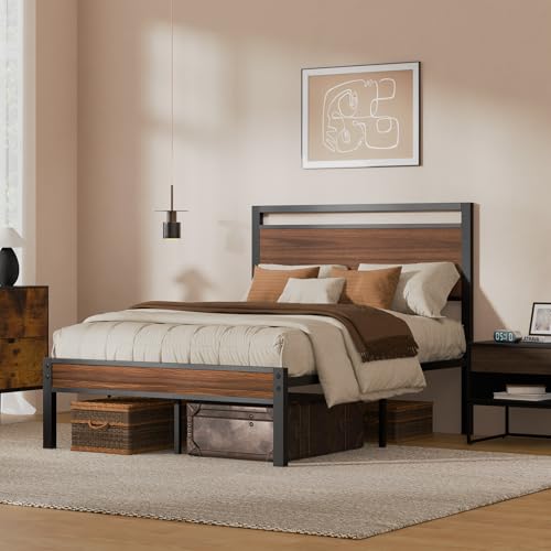 Image of Z-hom Full Metal Bed Frame&Wooden Headboard&Footboard,No Box Spring,Walnut | Heavy Duty &Metal Slats,No Box Spring Needed,Quiet&Non-Slip Design,Space Saving Bed Frame for Bedroom