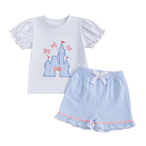 MA&BABY Toddler Girls Summer Outfit Bow Embroidery Castle T-Shirt Birthday Kids Girl Princess Clothes Striped Shorts Set (Sky Blue 4-5T)