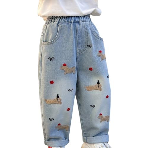 Girls Wide Leg Jeans Kids Baggy 𝐂artoon Embroidery Elastic High Waist Denim Pants Y2k Vintage Streetwear Pants