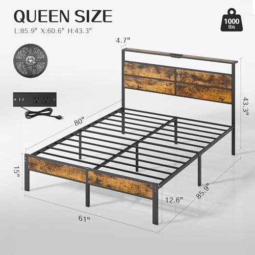 Image of Liians Queen Size Bed Frame, Queen Bed with Charging Station Headboard and LED Lights, Platform Bed with Metal Slats, No Box Spring Needed
