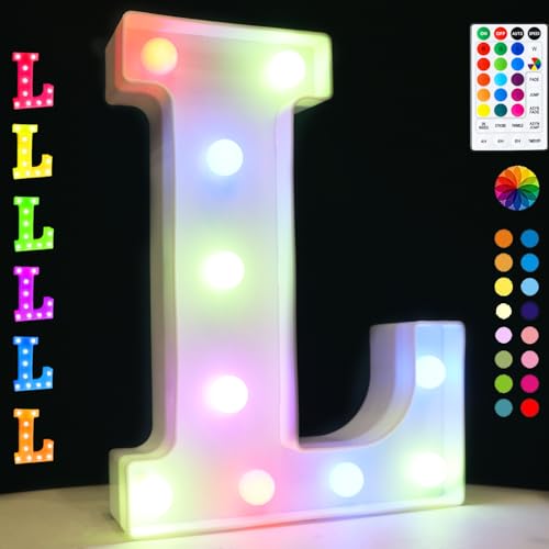 Image of Light Up Colorful LED Marquee Letter lights, 18 Colors Changing Alphabet Letters Sign with Remote Timer for Night Light Girls Bedroom Wedding Birthday Party Lamp Christmas Home Bar Decor- Colorful L
