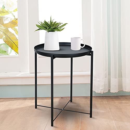 Rainbow Sophia End Table, Metal Side Table With Removable Round Tray, Accent Table For Living Room, Black #TOP5