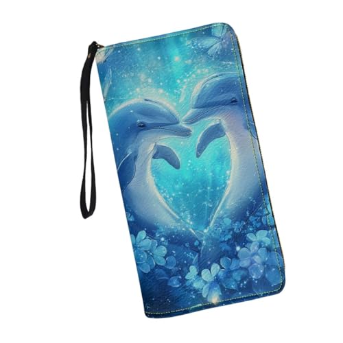 Blue Dolphin Floral Clutch Wristlet Women Long Wallet RFID Blocking Credit Card Holder PU Ladies Purse Handbags