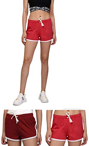 Image of KOTTY Cotton Lycra Red and Maroon Solid Women Night Short - Pack of 2 (Red&Maroon)