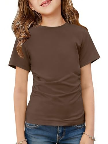 ZDC Girls Short Sleeve T Shirts Kids Summer Crewneck Ruched Tunic Tops Basic Tees 5-14 Years Brown