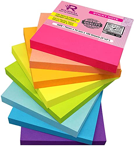 Rojdeal Sticky Note Sticky Index Tabs 600 Sheets 3 x 3 inch, Multi Color Sticky Notes for Page Marker Bookmarks Sticks Securely, Removes Cleanly (100 Sticky Notes per pad) Pack of 6