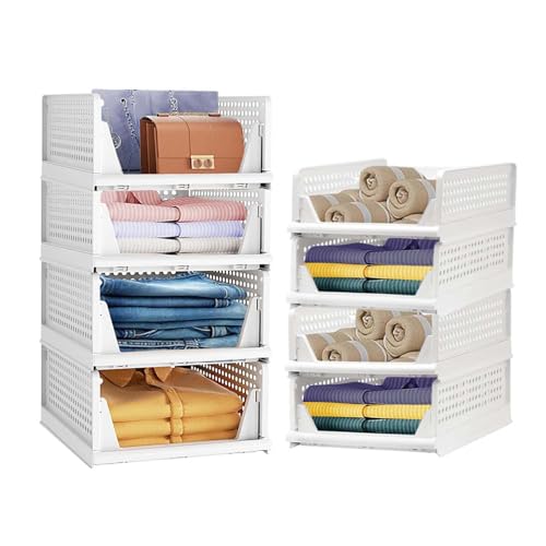 Image of Go Hooked Foldable Wardrobe Organizer with Drawer Style Pull Out Design | Pack of 8 (4Large+4Small) 44x34cm Shelf Storage Box | Heavy Duty Plastic Shirt Stacker for Cupboard, Almirah & Closet | White
