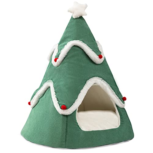 Hollypet Cat Bed, Christmas Tree Cat Tent Cat House for Indoor Kitten and Small Dog, Self-Warming Pet Hut