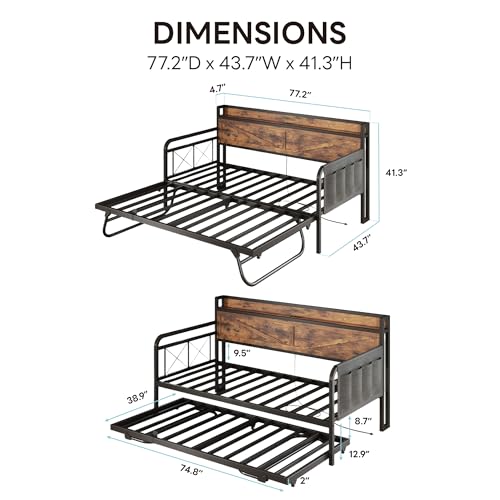 Image of LIKIMIO Twin Daybed with Pop Up Trundle & Charging Station & Storage Shelf | Pop Up Trundle with Smooth Wheels, Strong Supports for Apartment and Small Space, Industrial Brown