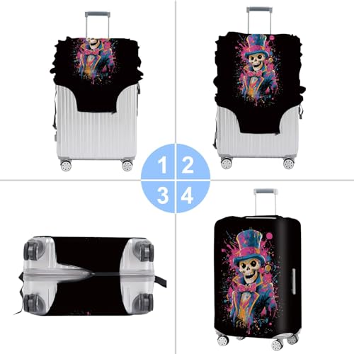 Image of Colorful Skeleton in Top Hat Luggage Cover - Abstract Skull Design Suitcase Protector for 24-26 Inch Luggage,M