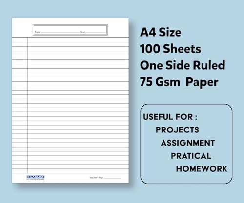 Image of KAANUKA A4 Size One Side Ruled Sheets | 100 Sheets | 75 GSM Premium Paper | For School, College & Office Use | Writing, Projects, Assignments, Practicals, Homework