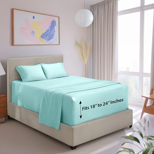 Image of Hearth & Harbor Extra Deep Pocket Full Sheet Set, Light Blue | 4 Piece Bed Sheet Set, Ultra Soft & Breathable, Fits Up to 24 inch Mattress, Hotel Luxury