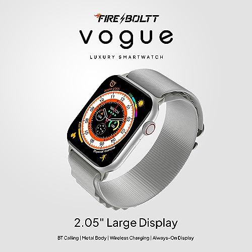 Image of Fire-Boltt Vogue Large 2.05 inch Display Smart Watch, Always On Display, Wireless Charging, App Based GPS with Bluetooth Calling & 500+ Watch Faces (White)
