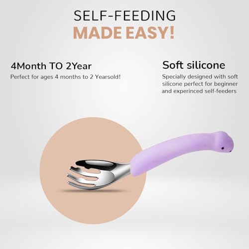 Image of Baby Spoon and Fork Set, Purple Silicone Toddler Cutlery Set with Dinosaur Case, 2 Pc, Self Feeding Utensils for Baby Meals School and Travel, Mealtime Essential