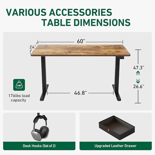 Image of FEZIBO 60 x 24 Inches Standing Desk with Drawer, Adjustable Height Electric Stand up Desk, Sit Stand Home Office Desk, Ergonomic Workstation Black Steel Frame /Rustic Tabletop