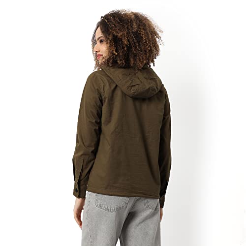Image of Campus Sutra Women's Olive Green Solid Utility Jacket With Cuffed Sleeves For Casual Wear | Hooded Neck | Long Sleeve | Zipper Closure | Cotton Jacket Crafted With Comfort Fit For Everyday Wear