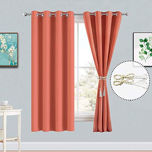 Yakamok Coral Orange Room Darkening Blackout Curtains Thermal Insulated Drapes Solid Grommet Top Window Curtain Panels for Girls' Bedroom, 2 Tie Backs Included(52x63 Inch, Coral Orange, One Pair)