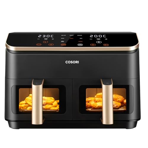 COSORI Friggitrice ad Aria Doppio Cestello Digitale, 8,5L Grande Capacità, Funzione 8 in 1, 35-230°C, Finestra, con Ricette Online, CAF-R903, Oro