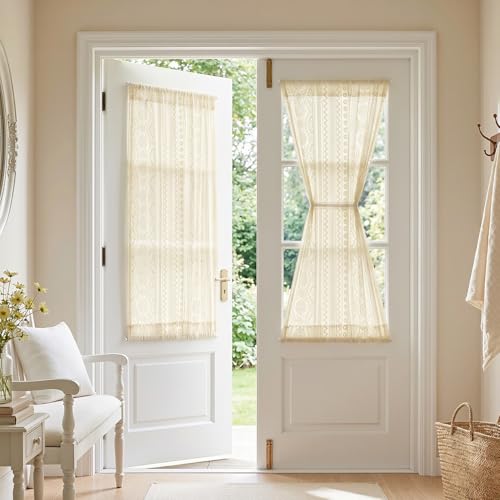 Image of MYSKY HOME Beige Lace French Door Curtains 40 inch Long 2 Panels Boho Sheer Floral Curtains for Door Window Scalloped Doorway Sidelight Curtains Come with 2 Matching Tie-Backs, 26 inch Wide Each Panel