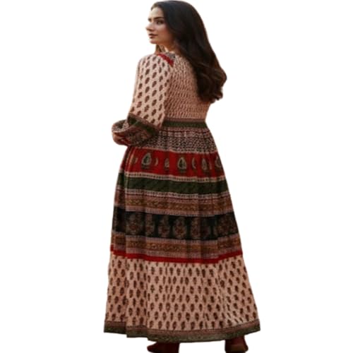 Image of Women's Cotton Dress Jaipuri Sanganeri Print Midi Long Dress Printed Fit and Flare Maxi Dress A-Line Gown Dress Maxi Skirt, Mandala (Free Size)
