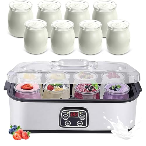 Yogurtera eléctrica con 8 tarros, temporizador de pantalla LED, temperatura ajustable para postres caseros saludables