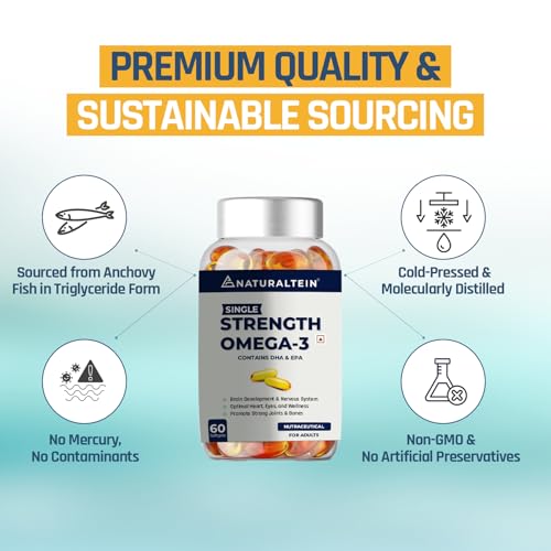 NATURALTEIN Omega 3 Fish Oil – 1000mg per Softgel | 60 Capsules | 180mg EPA & 120mg DHA | With Vitamin E | Premium Triglyceride Form | Supports Heart, Brain & Joint Health | Single Strength Formula