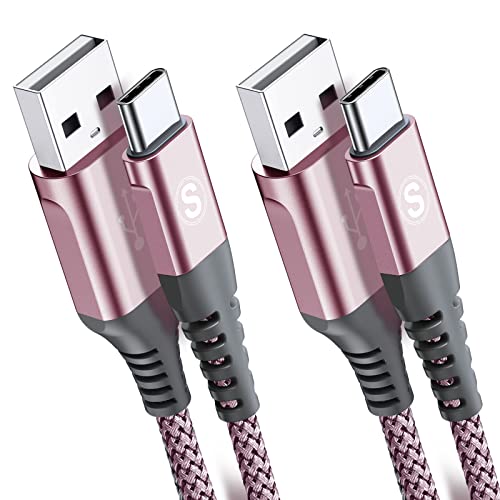 sweguard USB Type C Cable 3.1A Fast Charging [2Pack,6.6ft+6.6ft], USB-A to USB-C Charger Nylon Braided Cord for Samsung Galaxy S21 S20 S10 S9 S8 Plus,Note 20 10 9 8 7,A71 A51 A32,LG,Moto,PS5-Pink