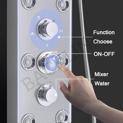 Image of Backline 7-in-1 Multifunction Thermostatic Shower Panels | SS 304 Grade with LED Rainfall, 8 Body Jets Rotatble, Hand Shower, Water Spout, Hot & Cold Mixer | Shower Panel For Bathroom (Brushed Matt)