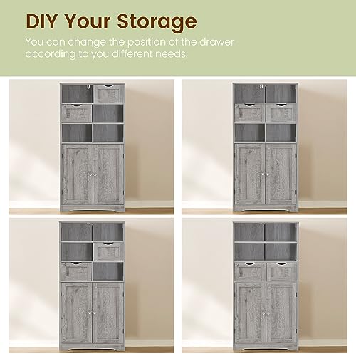 Image of Iwell Storage Cabinet with 2 Drawers & Adjustable Shelf, Tall Bathroom Cabinet with Doors, Cupboard, Kitchen Cabinets for Living Room, Dining Room, Entryway, Grey