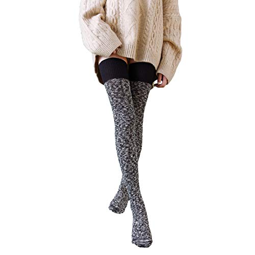Women's Christmas Cable Knit Thigh High Boot Socks Extra Long Winter Over Knee Stockings Leg Warmers (R Black, One Size)
