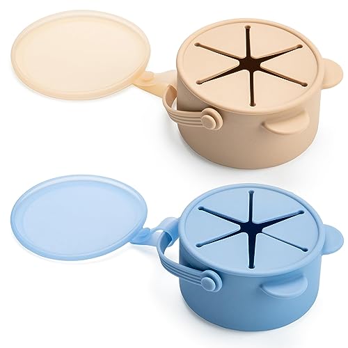 Image of Silicone No Spill Snack Cups for Toddlers – Portable Baby Snack Cup Containers with Dustproof Lid – Dishwasher-Friendly Toddler Spill Proof Cups Without BPA, Lead, or Phthalates – Blue and Beige
