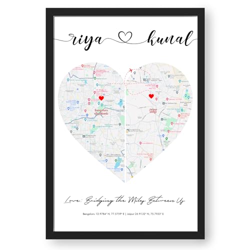 Image of Ritwika's Personalized Picture Frame With Long Distance Map - Customize With Your Name, Message And Place | For Couples and Friends | In Two Size 9.5 x 13.5 and 13.5 x 19.5 Inch, Set of 1