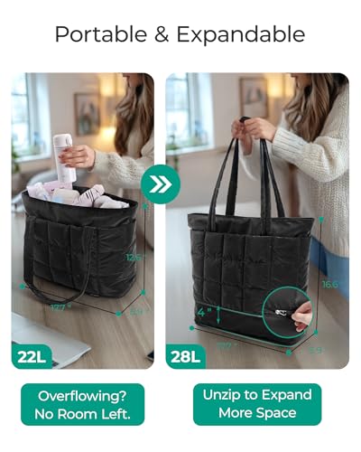 BAGSMART Expandable Tote Bag for Women, Zippered Puffer Design with Water-Resistant Quilted, Nurse and Carry-On Travel Bag, Black