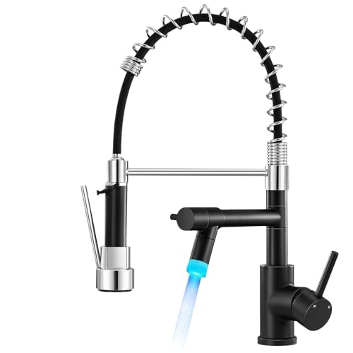 Warmiehomy Robinet de cuisine professionnel LED pivotant à 360° avec douchette extractible, robinet mitigeur à ressort à arc haut pour évier de bar, noir...
