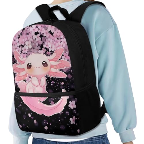 Axolotl Backpack for Girls 3-in-1 School Bookbags with Lunch Box Set Cherry Blossom Design Backpack for Elementary to Middle School Kids3