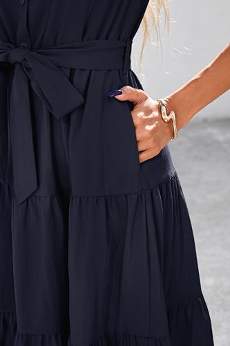 dowerme Womens Summer Dresses 2025 Short Sleeve Button Tie Waist Beach Vacation Clothes Boho Flowy Tiered Maxi Sundress4