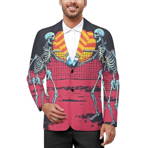 Skeletons Playing Volleyball Moon Men's Slim Suit Long-Sleeve Prom Tuxedo Classic Two Button Business Jacket