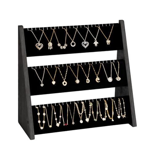 Yoimori Necklace Organizer, 3-Tier Necklace Holder Jewelry Organizer Stand with Velvet, Wood Necklace Jewelry Display Stand, Necklace Display Stands for Selling 72 Necklaces Bracelets (Black)